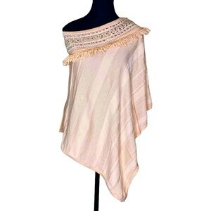 CLEO Knit Shawl Poncho Light Pale Pink Beading Fringe Boho Asymmetrical S/M